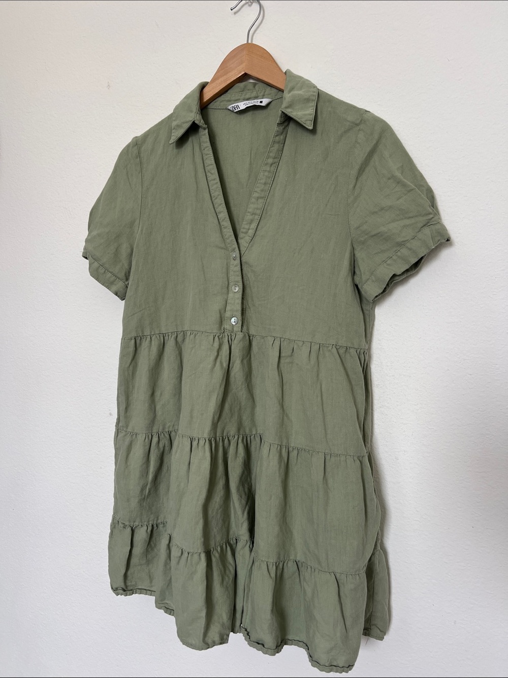 Zara Olive Green Tiered Short-Sleeve Mini Dress